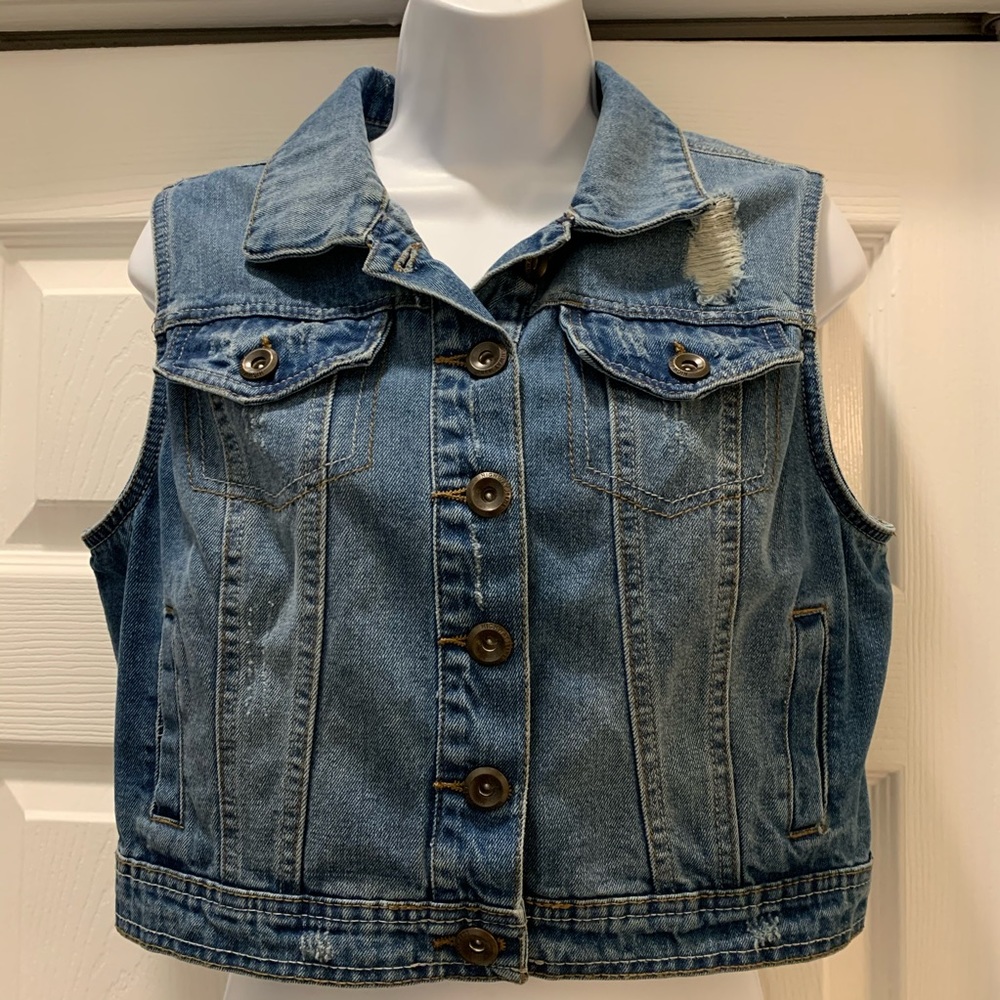 Distressed jean jacket vest